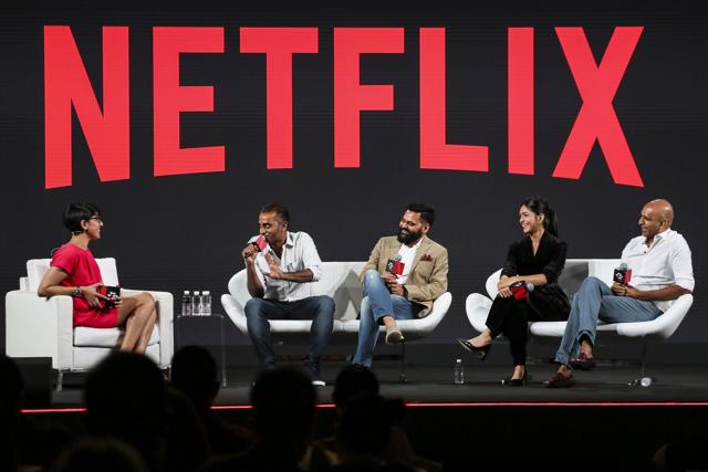 Netflix content executive Simran Sethi, Deva Katta, Praveen Sattaru, Mrunal Thakur and Prasad Devineni speak during a panel on day two of the Netflix See What's Next: Asia event at the Marina Bay Sands on November 9, 2018 in Singapore. (Netflix) Netflix content executive Simran Sethi, Deva Katta, Praveen Sattaru, Mrunal Thakur and Prasad Devineni speak during a panel on day two of the Netflix See What's Next: Asia event at the Marina Bay Sands on November 9, 2018 in Singapore. (Netflix)