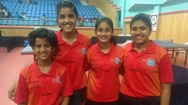 Team picture of sub-junior category (from left) Radhika Sakpal, Pritha Vartikar, Mrunmayee Raikhelkar and Aneeha D’Souza after winning the gold in team event. (HT PHOTO) Team picture of sub-junior category (from left) Radhika Sakpal, Pritha Vartikar, Mrunmayee Raikhelkar and Aneeha D’Souza after winning the gold in team event. (HT PHOTO)