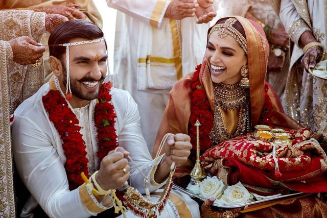 Deepika Padukone and Ranveer Singh after their Konkoni wedding on November 14, 2018. (AFP) Deepika Padukone and Ranveer Singh after their Konkoni wedding on November 14, 2018. (AFP)