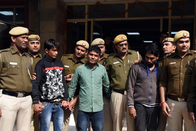 Delhi police arrested the three accused in the murder of 53-year-old fashion designer Mala Lakhani and her domestic help, at Vasant Kunj police station in New Delhi on November 15. (Amal KS/HT PHOTO) Delhi police arrested the three accused in the murder of 53-year-old fashion designer Mala Lakhani and her domestic help, at Vasant Kunj police station in New Delhi on November 15. (Amal KS/HT PHOTO)