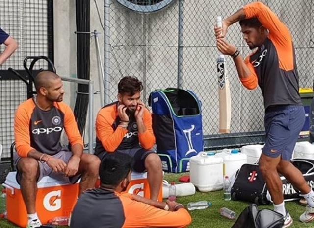 Umesh Yadav practices a shot in front of Shikhar Dhawan (L) and Rishabh Pant (C) (BCCI/ Instagram) Umesh Yadav practices a shot in front of Shikhar Dhawan (L) and Rishabh Pant (C) (BCCI/ Instagram)