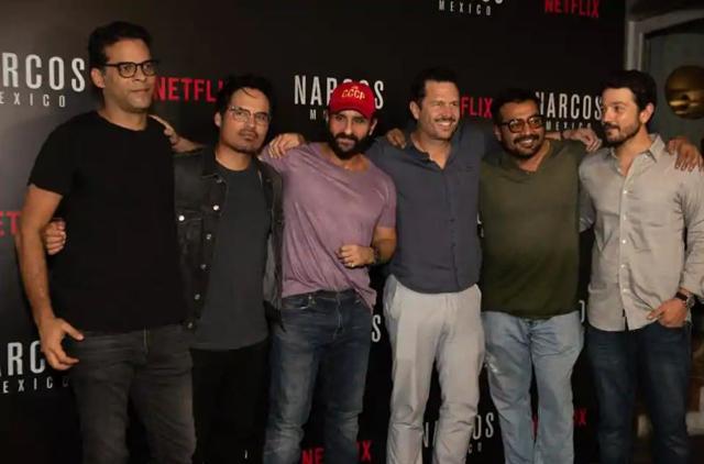 Vikramaditya Motwane, Michael Pena, Saif Ali Khan, Eric Newman, Anurag Kashyap and Diego Luna in Mumbai to promote Narcos: Mexico.