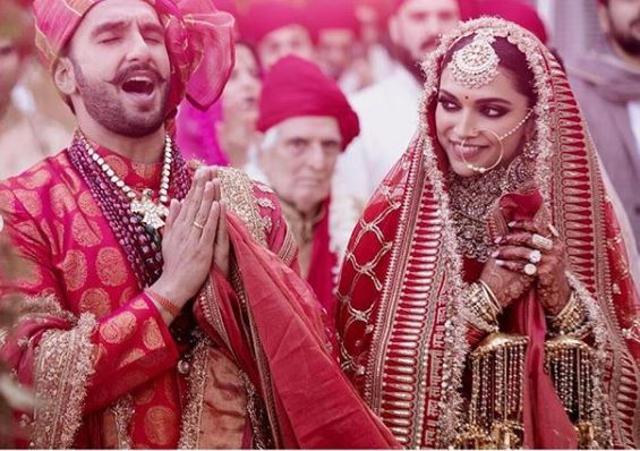 Ranveer Singh and Deepika Padukone after the Anand Karaj ceremony.