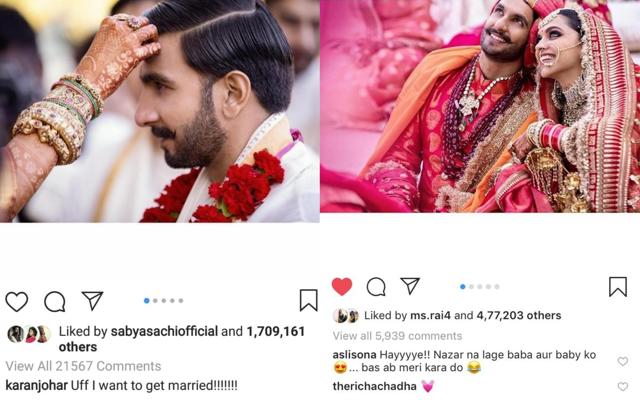 Karan Johar and Sonakshi Sinha shared their feelings on Deepika, Ranveer’s wedding pictures. Karan Johar and Sonakshi Sinha shared their feelings on Deepika, Ranveer’s wedding pictures.