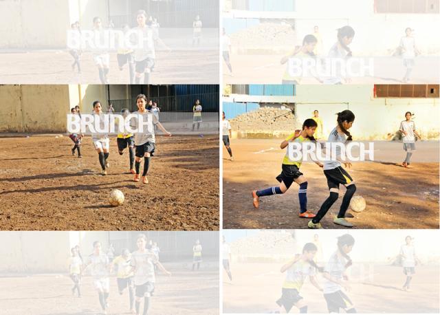 Fiza, Saba and Saniya race for the ball on a playfield that is seven per cent the size of a regular football field (Amit Mane) Fiza, Saba and Saniya race for the ball on a playfield that is seven per cent the size of a regular football field (Amit Mane)