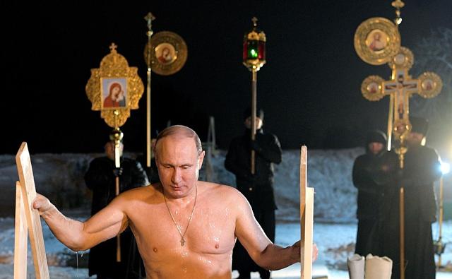 Russia’s president Vladimir Putin takes a dip in ice-cold water to mark Epiphany. In a nation that not long ago had declared itself atheist, he wears his Orthodox Christian identity on his sleeve. (en.kremlin.ru) Russia’s president Vladimir Putin takes a dip in ice-cold water to mark Epiphany. In a nation that not long ago had declared itself atheist, he wears his Orthodox Christian identity on his sleeve. (en.kremlin.ru)
