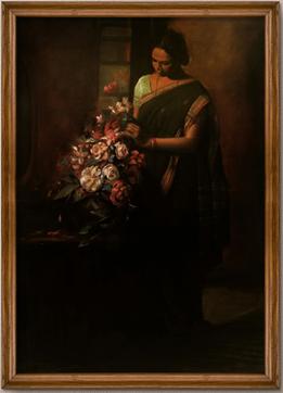 The Lady With Flowers, an oil on canvas by Ramesh Nannware. The Lady With Flowers, an oil on canvas by Ramesh Nannware.