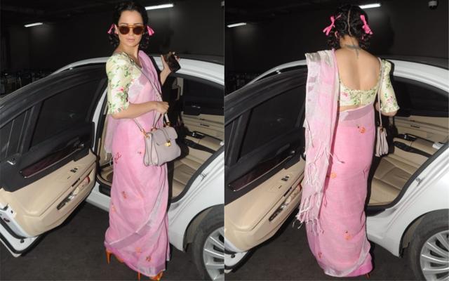 Kangana Ranaut was spotted at the airport in a pink sari and braids. (Viral Bhayani) Kangana Ranaut was spotted at the airport in a pink sari and braids. (Viral Bhayani)