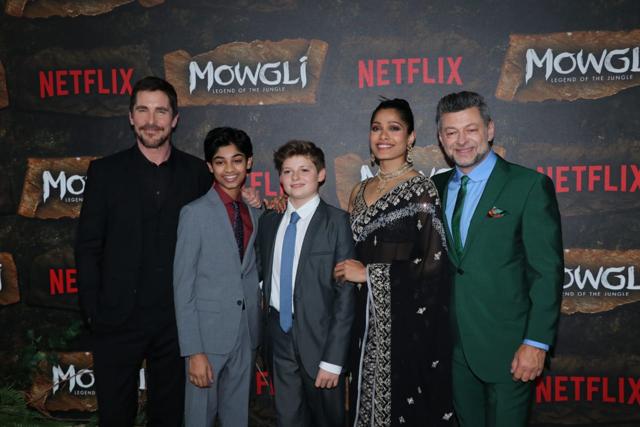 Christian Bale, Rohan Chand, Andy Serkis’ son, Frieda Pinto and Serkis himself at the world premiere of Mowgli. (Viral Bhayani) Christian Bale, Rohan Chand, Andy Serkis’ son, Frieda Pinto and Serkis himself at the world premiere of Mowgli. (Viral Bhayani)