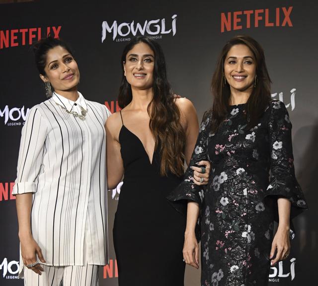 Actor Freida Pinto, Kareena Kapoor and Madhuri Dixit at the Hindi trailer launch of Mowgli. (PTI) Actor Freida Pinto, Kareena Kapoor and Madhuri Dixit at the Hindi trailer launch of Mowgli. (PTI)