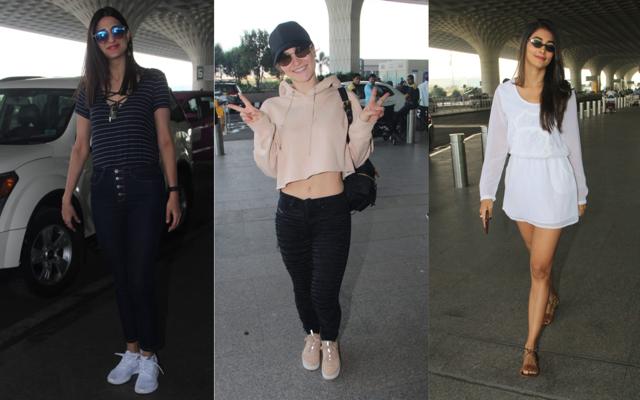 Aahana Kumra, Elli Avram and Pooja Hegde snapped at the airport. (Viral Bhayani) Aahana Kumra, Elli Avram and Pooja Hegde snapped at the airport. (Viral Bhayani)