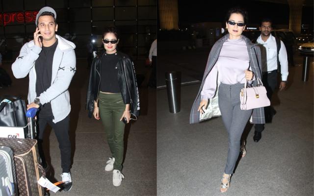 Prince Narula with Yuvika Chaudhary (left) and Kangana Ranaut spotted by the paparazzi at the airport. (Viral Bhayani) Prince Narula with Yuvika Chaudhary (left) and Kangana Ranaut spotted by the paparazzi at the airport. (Viral Bhayani)