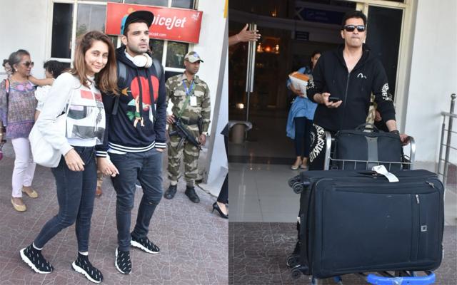 Shibani Dandekar with Karan Kundra (left) and Ganesh Hegde at the Jodhpur airport. (Viral Bhayani) Shibani Dandekar with Karan Kundra (left) and Ganesh Hegde at the Jodhpur airport. (Viral Bhayani)
