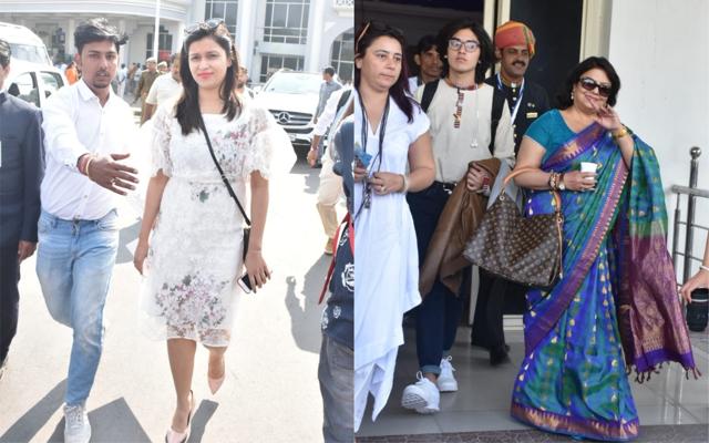 Mannara Chopra and Madhu Chopra at the Jodhpur airport. (Viral Bhayani) Mannara Chopra and Madhu Chopra at the Jodhpur airport. (Viral Bhayani)