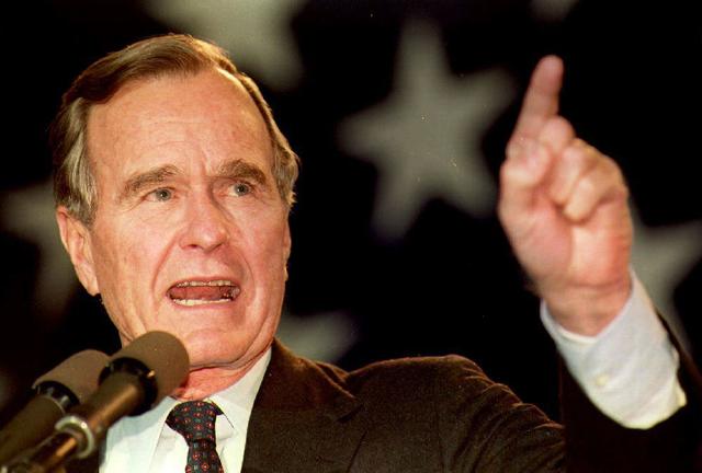 (FILES) In this file photo taken on October 31, 1992 US President George Bush speaks 01 November 1992 to a large group of supporters during a campaign stop at the Sikorsky Memorial Airport in Connecticut. (AFP) (FILES) In this file photo taken on October 31, 1992 US President George Bush speaks 01 November 1992 to a large group of supporters during a campaign stop at the Sikorsky Memorial Airport in Connecticut. (AFP)