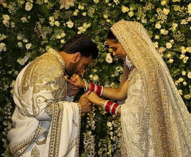 Ranveer Singh and Deepika Padukone at one of their wedding receptions.