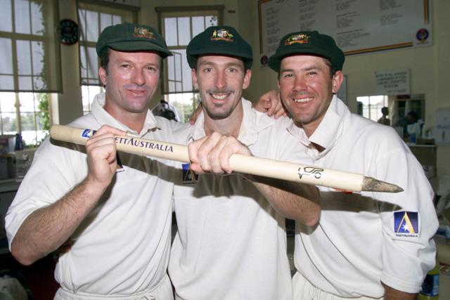 14 Dec 1999: (l-r) Steve Waugh, Damien Fleming and Ricky Ponting of Australia celebrate in the rooms after the game Waugh and Ponting scored centuries while Fleming took 5 wickets in the second innings, on day five of the first test between Australia and India, at the Adelaide Oval, Adelaide, Australia. Australia won by 285 runs. Mandatory Credit: Hamish Blair/ALLSPORT (Getty Images) 14 Dec 1999: (l-r) Steve Waugh, Damien Fleming and Ricky Ponting of Australia celebrate in the rooms after the game Waugh and Ponting scored centuries while Fleming took 5 wickets in the second innings, on day five of the first test between Australia and India, at the Adelaide Oval, Adelaide, Australia. Australia won by 285 runs. Mandatory Credit: Hamish Blair/ALLSPORT (Getty Images)