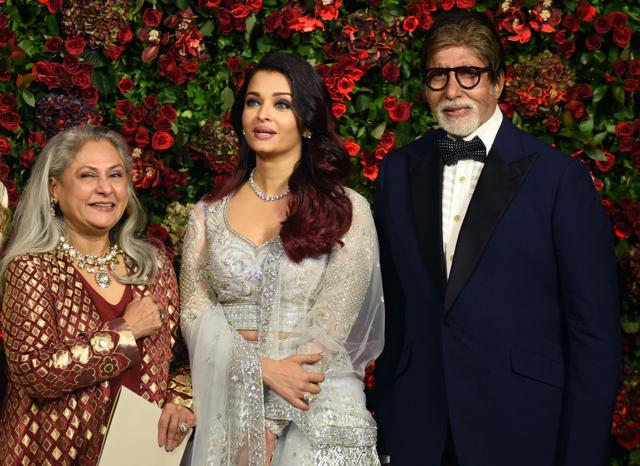 Jaya Bachchan (L), Aishwarya Rai Bachchan (C) and Amitabh Bachchan (R) pose for a picture during the wedding reception party of actors Ranveer Singh and Deepika Padukone. (AFP) Jaya Bachchan (L), Aishwarya Rai Bachchan (C) and Amitabh Bachchan (R) pose for a picture during the wedding reception party of actors Ranveer Singh and Deepika Padukone. (AFP)