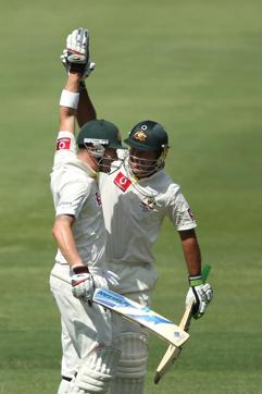 Michael Clarke (L) and Ricky Ponting (R) of Australia celebrate after both scored over 100 runs during day one of the Fourth Test Match between Australia and India at Adelaide Oval on January 24, 2012 in Adelaide, Australia. (Photo by Morne de Klerk/Getty Images) (Getty Images) Michael Clarke (L) and Ricky Ponting (R) of Australia celebrate after both scored over 100 runs during day one of the Fourth Test Match between Australia and India at Adelaide Oval on January 24, 2012 in Adelaide, Australia. (Photo by Morne de Klerk/Getty Images) (Getty Images)