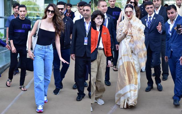 Disha Patani and Rekha at Udaipur airport. (Viral Bhayani) Disha Patani and Rekha at Udaipur airport. (Viral Bhayani)