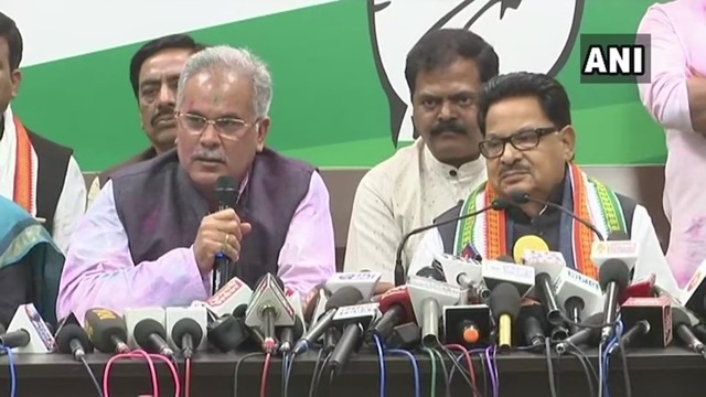 Congress leaders of Chhattisgarh, Bhupesh Baghel and P L Punia address a press conference. (ANI/Twitter)