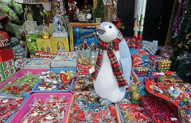 An eco-friendly snow penguin made of cloth and cotton displayed at a store on Sachapir street in Camp. (Pratham Gokhale/HT Photo)