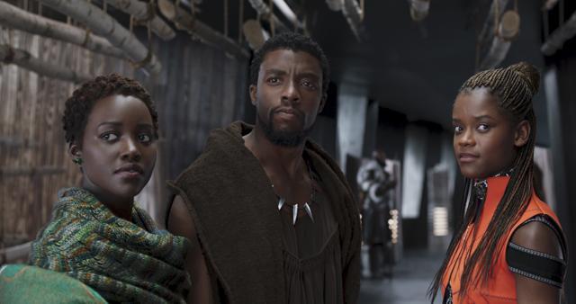 This image released by Disney shows Lupita Nyong'o, from left, Chadwick Boseman and Letitia Wright in a scene from Black Panther. (AP) This image released by Disney shows Lupita Nyong'o, from left, Chadwick Boseman and Letitia Wright in a scene from Black Panther. (AP)