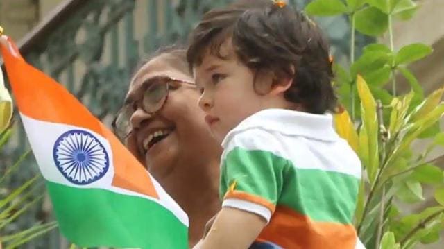 Taimur celebrates Independence Day at his home in Mumbai, accompanied with his nanny Savitri. (Viral Bhayani/Instagram)