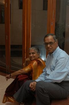 Narayana Murthy, Chairman of Infosys Technologies Ltd. with his wife Sudha Murthy at their residence in Bangalore, Karnataka. (Getty Images) Narayana Murthy, Chairman of Infosys Technologies Ltd. with his wife Sudha Murthy at their residence in Bangalore, Karnataka. (Getty Images)