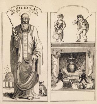 Artist Alexander Anderson, in 1810, sketches Saint Nicholas as a trim, saintly figure in long robes and halo. But alongside appear Christmas scenes familiar today — a smiling child next to a pouting one; a fireplace with stockings hung on either side. Artist Alexander Anderson, in 1810, sketches Saint Nicholas as a trim, saintly figure in long robes and halo. But alongside appear Christmas scenes familiar today — a smiling child next to a pouting one; a fireplace with stockings hung on either side.