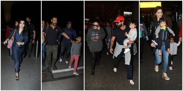 Kajol, Ajay Devgn with son Yug, Saif Ali Khan and Kareena Kapoor with Taimur, Sunny Leone with her kids seen at the airport. Kajol, Ajay Devgn with son Yug, Saif Ali Khan and Kareena Kapoor with Taimur, Sunny Leone with her kids seen at the airport.