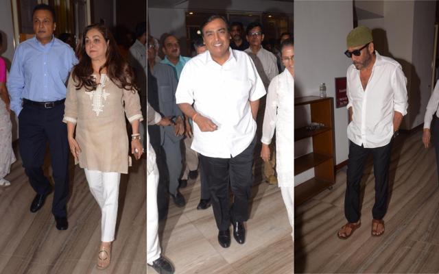 Anil Ambani, Tina Ambani, Mukesh Ambani and Jackie Shroff at Nana Chudasama’s prayer meet. (Viral Bhayani) Anil Ambani, Tina Ambani, Mukesh Ambani and Jackie Shroff at Nana Chudasama’s prayer meet. (Viral Bhayani)