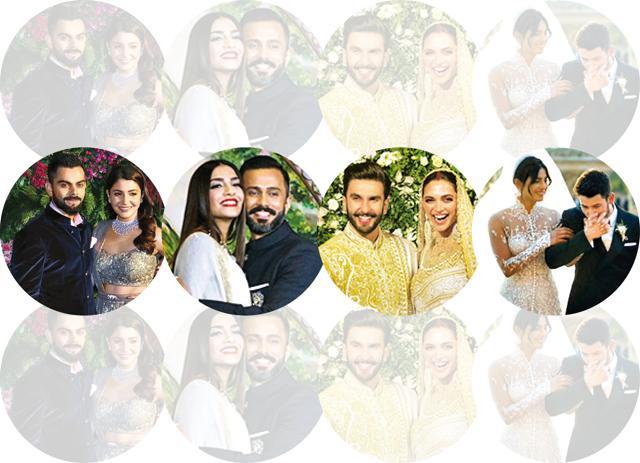 Weddings in 2018 included (from top) Virat Kohli and Anushka Sharma, Sonam Kapoor and Anand Ahuja, Ranveer Singh and Deepika Padukone, and Priyanka Chopra and Nick Jonas (Getty Images) Weddings in 2018 included (from top) Virat Kohli and Anushka Sharma, Sonam Kapoor and Anand Ahuja, Ranveer Singh and Deepika Padukone, and Priyanka Chopra and Nick Jonas (Getty Images)