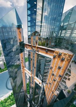 The sideways elevator at the Germany headquarters of elevator company Thyssenkrupp. The sideways elevator at the Germany headquarters of elevator company Thyssenkrupp.