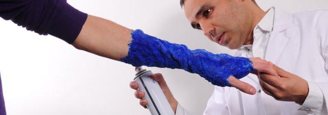 The technology for Fabrican allows the fibres to dry and bond when sprayed, making it great for a bra, or a plaster cast. The technology for Fabrican allows the fibres to dry and bond when sprayed, making it great for a bra, or a plaster cast.