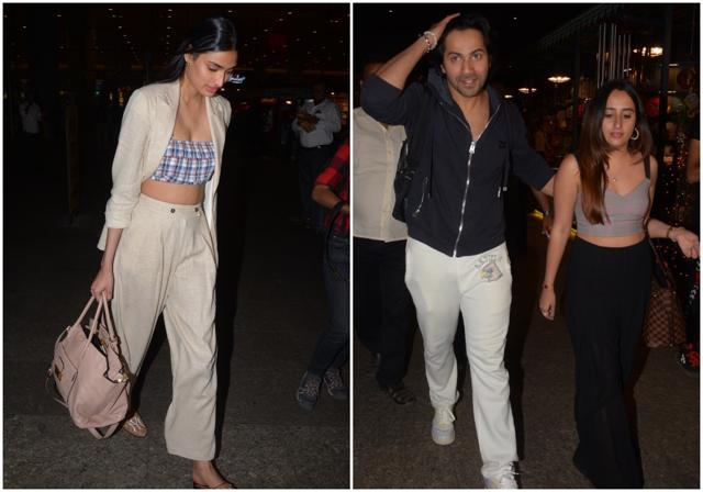 Athiya Shetty and Varun Dhawan with his girlfriend Natasha Dalal at Mumbai airport. Athiya Shetty and Varun Dhawan with his girlfriend Natasha Dalal at Mumbai airport.