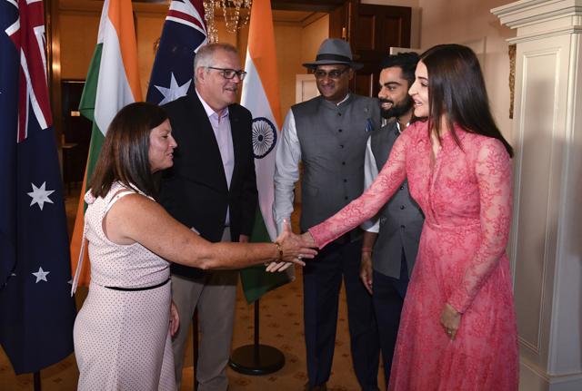 Australia's Prime Minister Scott Morrison, and his wife, Jenny meet Virat Kohli and Anushka Sharma during a reception at Kirribilli House in Sydney. (AP) Australia's Prime Minister Scott Morrison, and his wife, Jenny meet Virat Kohli and Anushka Sharma during a reception at Kirribilli House in Sydney. (AP)