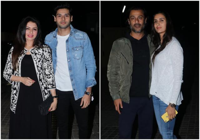 Bhagyashree with her son and Abhishek Kapoor with wife Pragya at the screening. (Viral Bhayani) Bhagyashree with her son and Abhishek Kapoor with wife Pragya at the screening. (Viral Bhayani)