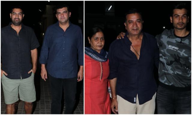 Siddharth Roy Kapoor with brother actor Kunaal Roy Kapur (left) and Raj Kaushal with wife and his second son. (Viral Bhayani) Siddharth Roy Kapoor with brother actor Kunaal Roy Kapur (left) and Raj Kaushal with wife and his second son. (Viral Bhayani)