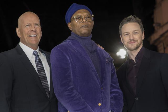 Actors Bruce Willis, from left, Samuel L. Jackson and James McAvoy pose for photographers upon arrival at the premiere of the film Glass, in London. (Vianney Le Caer/Invision/AP) Actors Bruce Willis, from left, Samuel L. Jackson and James McAvoy pose for photographers upon arrival at the premiere of the film Glass, in London. (Vianney Le Caer/Invision/AP)