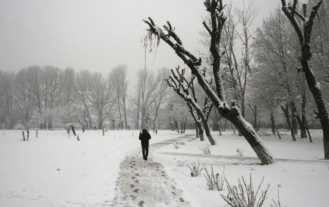A man walks during fresh snowfall in Srinagar, Jammu and Kashmir. (Waseem Andrabi / HT Photo )