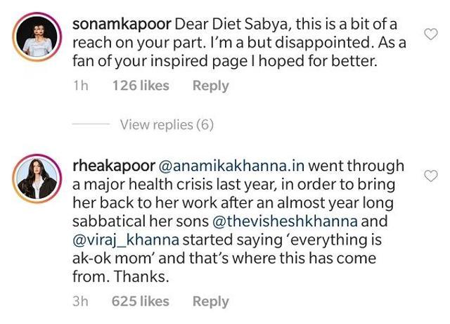 Sonam Kapoor, Rhea Kapoor comment on the post by Diet Sabya (Instagram) Sonam Kapoor, Rhea Kapoor comment on the post by Diet Sabya (Instagram)