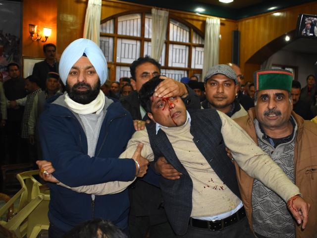 Party members said the brawl was triggered by slogan-shouting by supporters of rival factions. (Deepak Sansta/HT Photo) Party members said the brawl was triggered by slogan-shouting by supporters of rival factions. (Deepak Sansta/HT Photo)