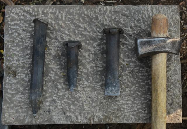 Each Wadar stone-crafter carries their own tools with them everywhere they go. These include a hammer with a wooden body, a small axe, a spear-like tool for chiselling, and a resting iron rod for balance. (Pramod Thakur / HT Photo)