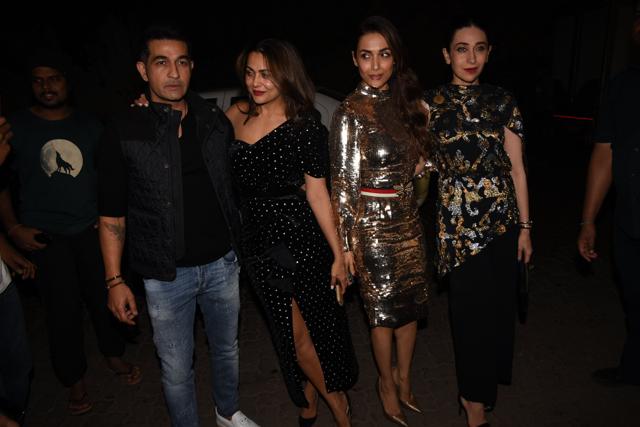 Amrita Arora with husband Shakeel Ladak, Malaika Arora and Karisma Kapoor at the bash. (Viral Bhayani)
