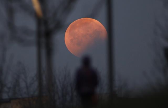 A woman stands watching the full moon, at the City Life neighborhood, early on Monday in Milan, Italy. (AP)