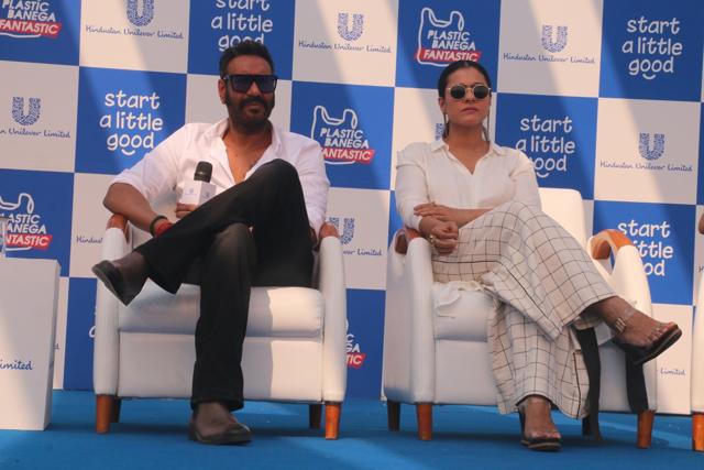 Actors Ajay Devgn and Kajol at launch of a campaign Plastic Banega Fantastic in Mumbai. (IANS) Actors Ajay Devgn and Kajol at launch of a campaign Plastic Banega Fantastic in Mumbai. (IANS)