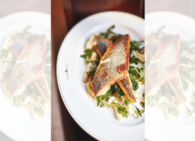 Sea bass with kale and girolle mushrooms at The Delaunay