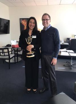 Anu Ranjan with Maury McIntyre and the Emmy award. (HT Photo)