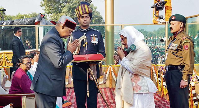Lance Naik Nazir Ahmed Wani, who lost his life while killing 6 terrorists in an operation in Kashmir, awarded the Ashok Chakra. Award was received by his wife and mother Republic Day 2019 on Saturday. (ANI) Lance Naik Nazir Ahmed Wani, who lost his life while killing 6 terrorists in an operation in Kashmir, awarded the Ashok Chakra. Award was received by his wife and mother Republic Day 2019 on Saturday. (ANI)